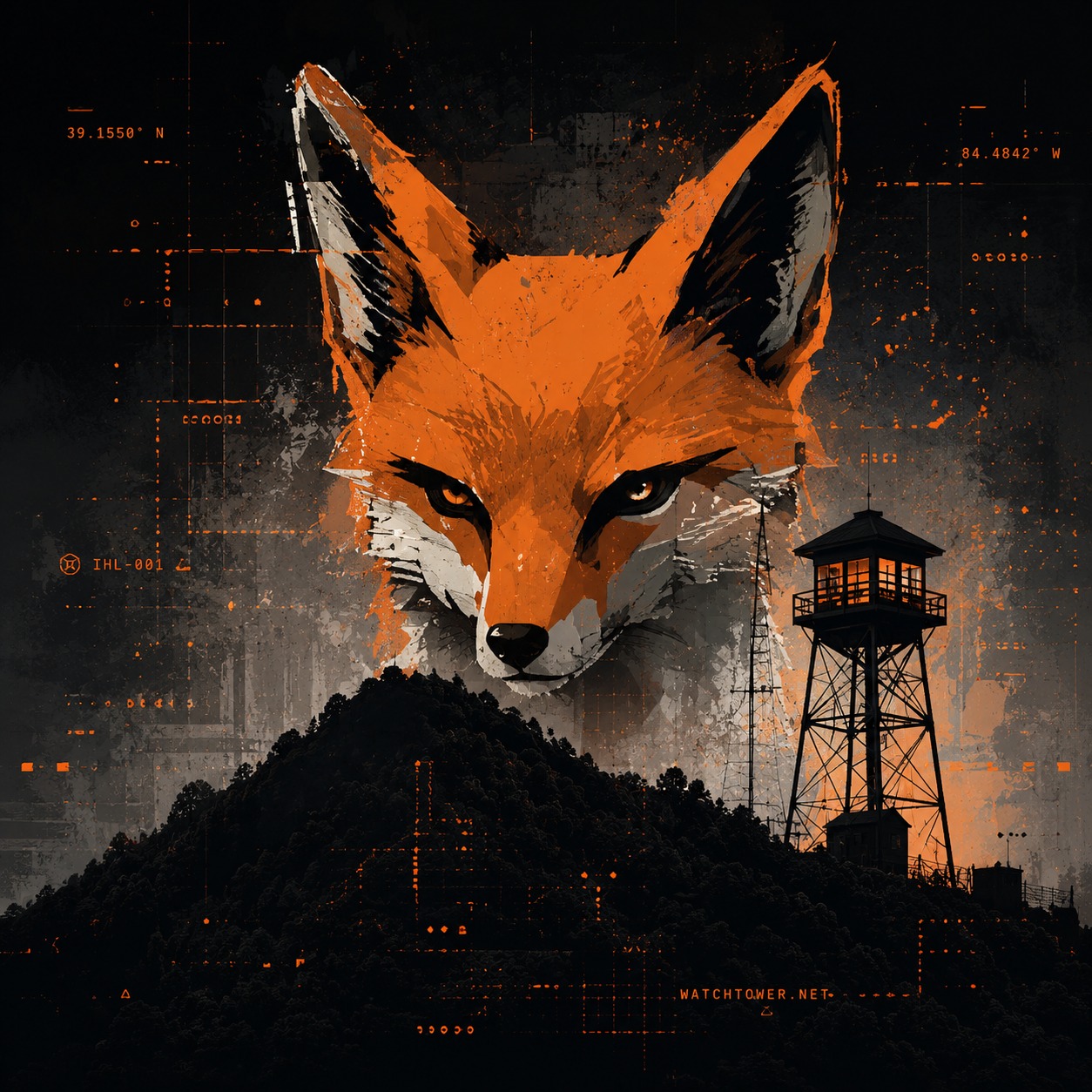 Orange fox overlooking a dark hill and illuminated watchtower